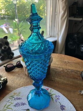Stunning gorgeous blue Blue Pressed Glass Covered Compote - Elegant Home Accent